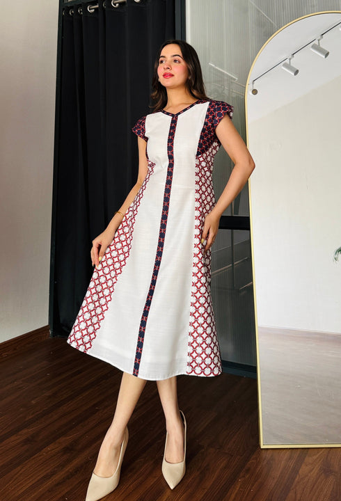 Ivory Grid Midi Dress