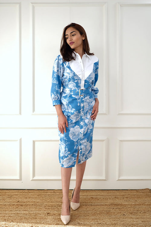 Blue White Formal Midi Dress