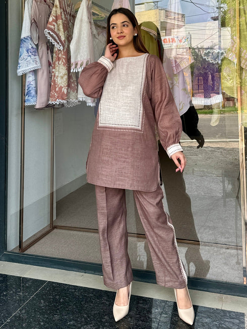 Brown Beige Linen Coord