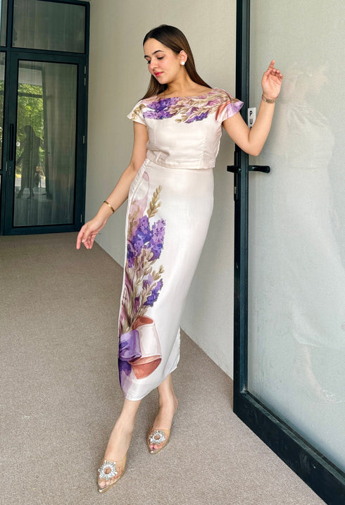 Eva Beige Satin Skirt Set