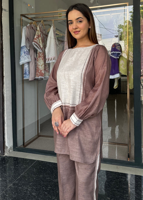 Brown Beige Linen Coord