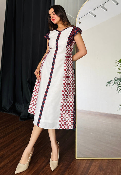 Ivory Grid Midi Dress