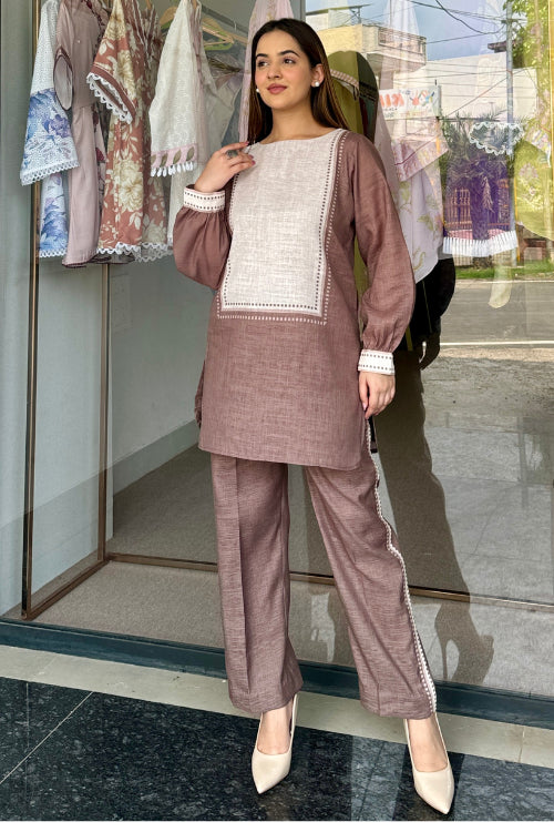 Brown Beige Linen Coord