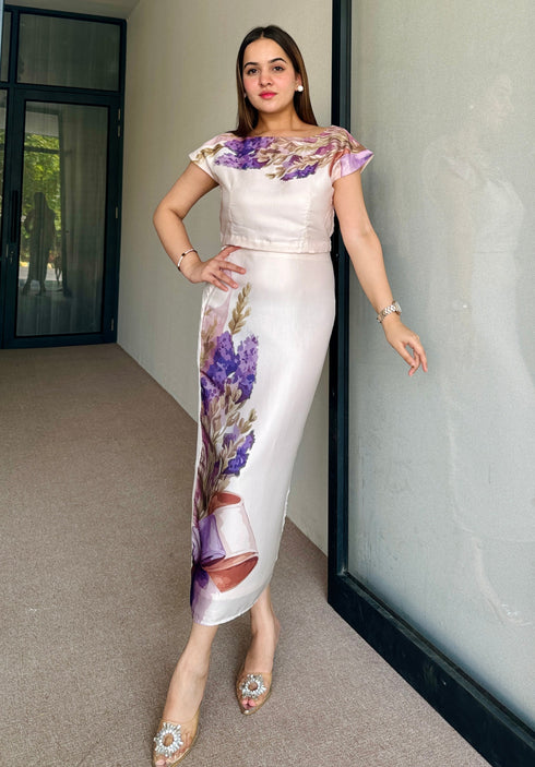 Eva Beige Satin Skirt Set