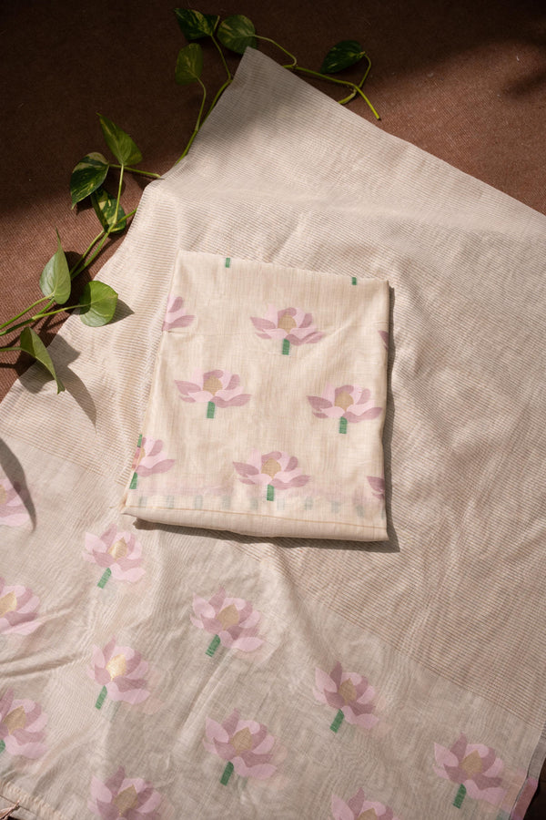 Simply Floral Beige & Lavender Cotton Unstitched Suit Set