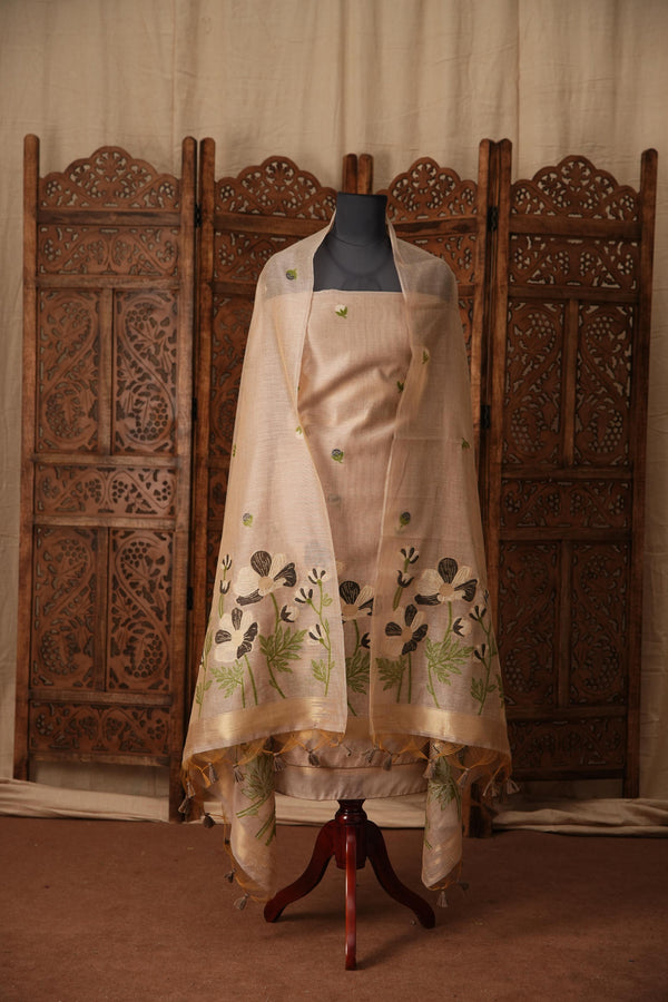 Bovine Chic Grey Muga Cotton Jamdani Unstitched Suit Set