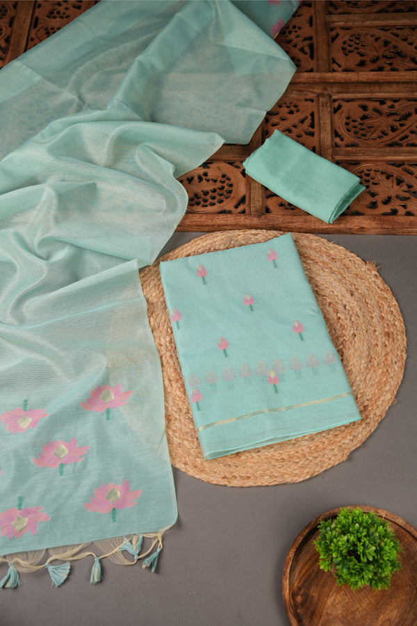 A Freakin Lotus Sea Green Jamdani Muga Silk Unstitched Suit Set