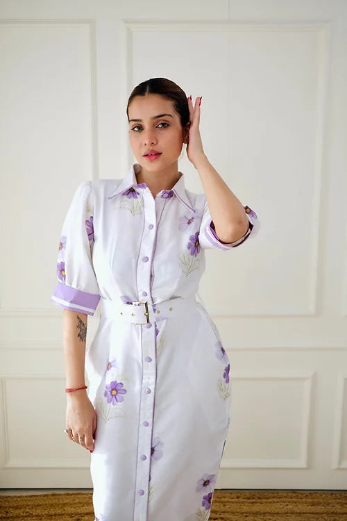 Classy White Lavender Shirt Dress