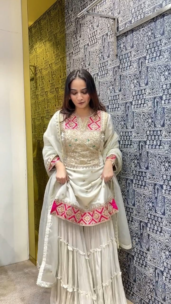 Ivory & Pink Handcrafted Embroidered Kurta Set with Sharara & Dupatta