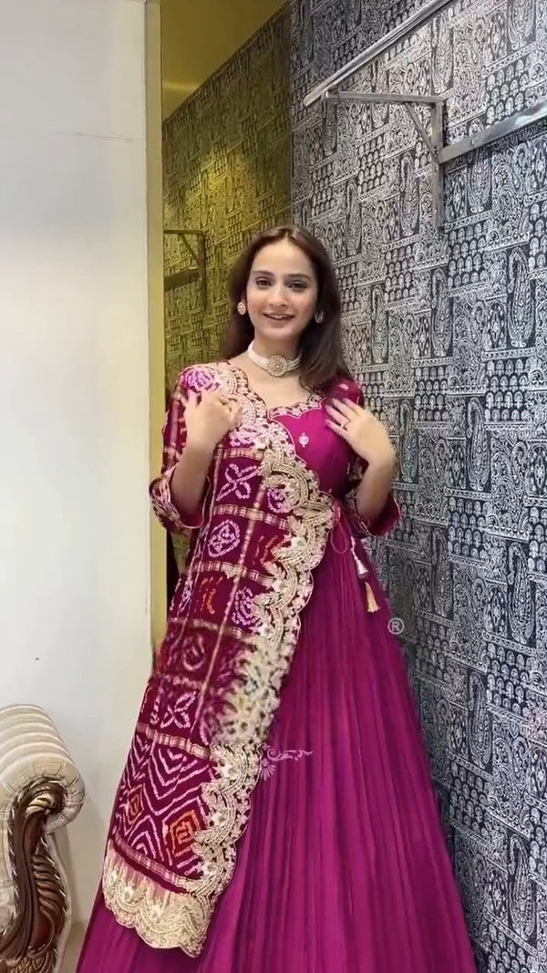Royal Rani Pink Bandhej Anarkali Set with Embroidered Gota Work Dupatta